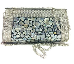 Handcrafted Silver Nacre Stone Mosaic Metal Clutch
