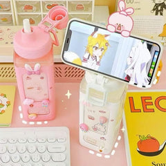 Kawaii Water Bottle with Straw – 700ml Cute Aesthetic Square Bottle with Stickers | Leakproof & BPA-Free Drinking Bottle (White & Pink)