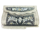 Handcrafted Silver Nacre Stone Mosaic Metal Clutch