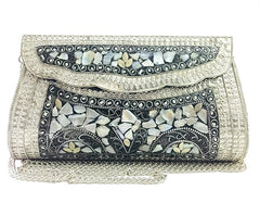 Handcrafted Silver Nacre Stone Mosaic Metal Clutch