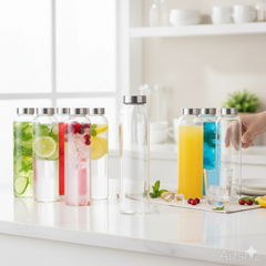 Premium Fridge Glass Water Bottle with Steel Cap – Set of 6 (800ml Each)