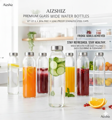 Premium Fridge Glass Water Bottle with Steel Cap – Set of 6 (800ml Each)