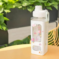 Kawaii Water Bottle with Straw – 700ml Cute Aesthetic Square Bottle with Stickers | Leakproof & BPA-Free Drinking Bottle (White & Pink)
