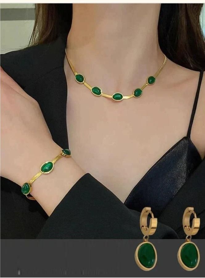 Oval Green Crystal Pendant Necklace & Bracelet Set for Women – Gold Plated Jewelry Combo
