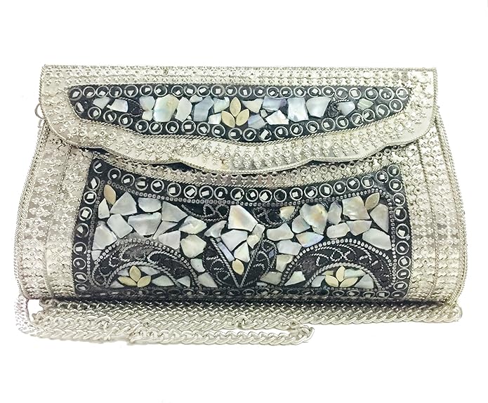 Handcrafted Silver Nacre Stone Mosaic Metal Clutch