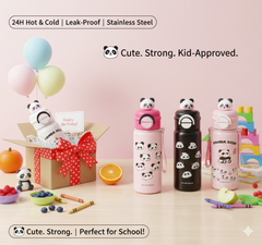Panda Stainless Steel Kids Water Bottle 550ml – Cute Panda Thermos Flask | Leak-Proof | 24H Hot & Cold | BPA-Free | Perfect for School, Travel & Gifting