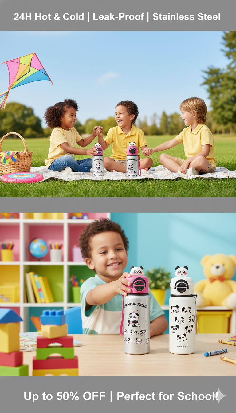 Panda Stainless Steel Kids Water Bottle 550ml – Cute Panda Thermos Flask | Leak-Proof | 24H Hot & Cold | BPA-Free | Perfect for School, Travel & Gifting